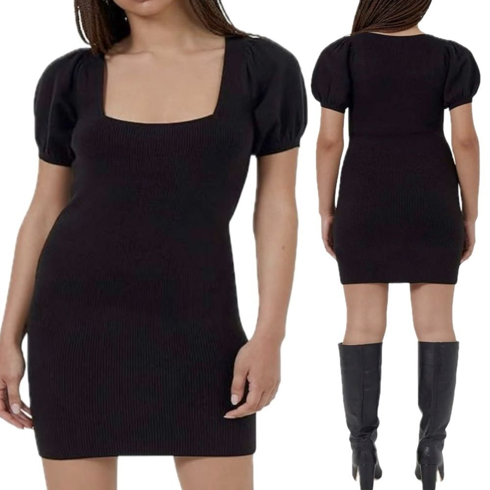NWT French Connection Black Puff Short Sleeve Ribbed Sweater Dress Size Small